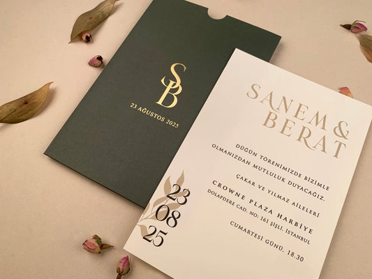 12260 - Minimalista esküvői meghívó zöld tokban