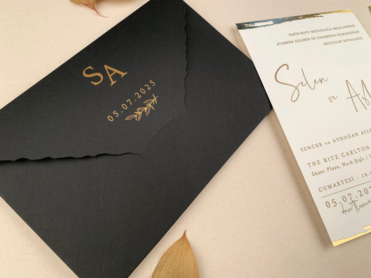 12267 - Aranyfóliázott esküvői meghívó fekete borítékkal