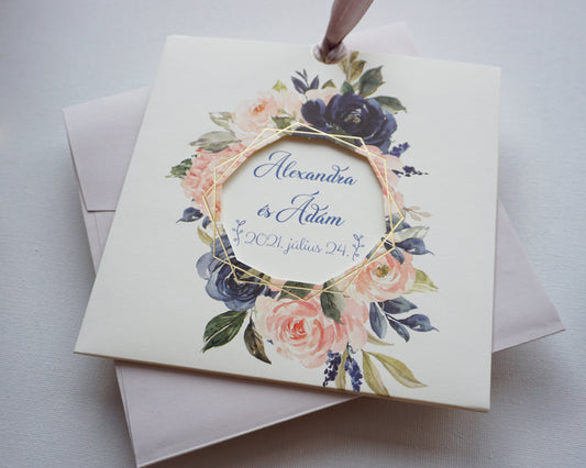 39804 - Virágmintás Esküvői Meghívó-esküvői meghívó-Erdélyi Esküvői Meghívók-covid,greenery,kék,virág,zöld-Erdélyi Esküvői Meghívók