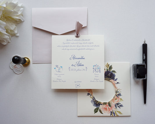 39804 - Virágmintás Esküvői Meghívó-esküvői meghívó-Erdélyi Esküvői Meghívók-covid,greenery,kék,virág,zöld-Erdélyi Esküvői Meghívók