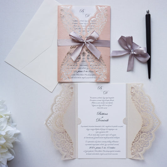 39381 - Lézervágott Esküvői Meghívó-esküvői meghívó-Erdélyi Esküvői Meghívók-covid,elegáns,lasercut,masni,pink,premium-Erdélyi Esküvői Meghívók