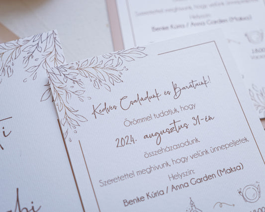 EM61 - Két oldalas arany leveles esküvői meghívó-esküvői meghívó-Erdélyi Esküvői Meghívók-arany,bézs,egyedi,krém-Erdélyi Esküvői Meghívók