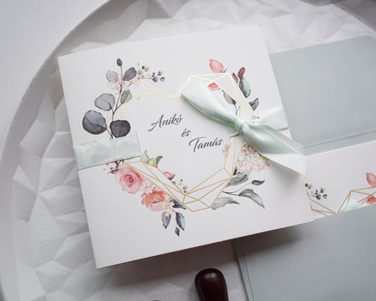 39724 - Greenery Esküvői Meghívó-esküvői meghívó-Erdélyi Esküvői Meghívók-arany,greenery,masni,pink,rózsa,szív,virág,zöld-Erdélyi Esküvői Meghívók