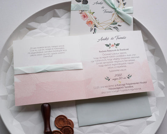 39724 - Greenery Esküvői Meghívó-esküvői meghívó-Erdélyi Esküvői Meghívók-arany,greenery,masni,pink,rózsa,szív,virág,zöld-Erdélyi Esküvői Meghívók