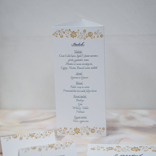 ME44 - Három oldalú esküvői menü - Arany népmesés mintával-Menü-Erdélyi Esküvői Meghívók-arany,hagyományos,népmesés,UR44-Erdélyi Esküvői Meghívók