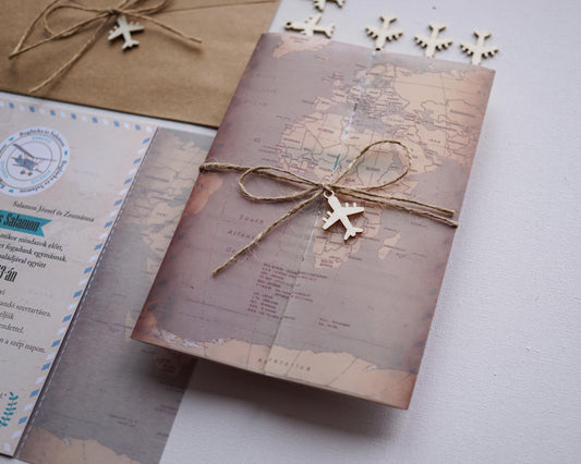 39823 - Utazós Esküvői Meghívó-esküvői meghívó-Erdélyi Esküvői Meghívók-barna,masni,pausz,utazás,vintage-Erdélyi Esküvői Meghívók