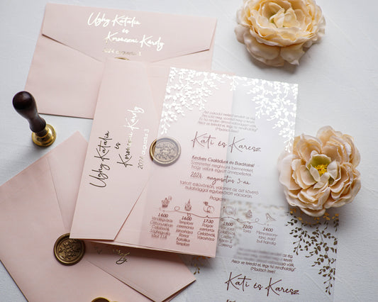 9214 - Plexi esküvői meghívó púder rózsaszín borítékkal-esküvői meghívó-Erdélyi Esküvői Meghívók-arany,elegáns,greenery,level,plexi,premium-Erdélyi Esküvői Meghívók