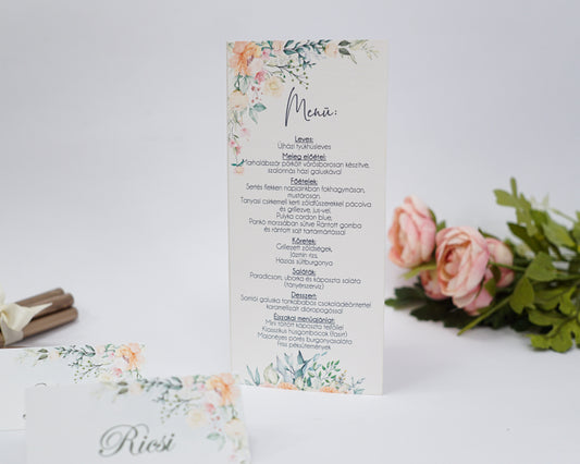 ME25 - Három oldalú esküvői menü - Pasztell virágmintával-Menü-Erdélyi Esküvői Meghívók-barack,barackszin,pasztell,virág-Erdélyi Esküvői Meghívók