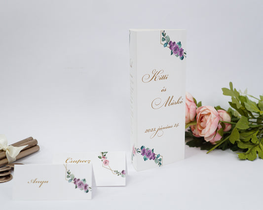 ME26 - Három oldalú esküvői menü - Lila és rózsaszín virágmintával-Menü-Erdélyi Esküvői Meghívók-greenery,lila,rózsa,rózsaszín,virág-Erdélyi Esküvői Meghívók