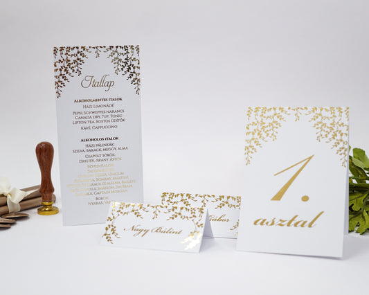 AS28 - Levélmintás aranyfóliázott asztalszám - 9214-Asztalszám-Erdélyi Esküvői Meghívók-9214,arany,asztalszám,level,minimalista-Erdélyi Esküvői Meghívók