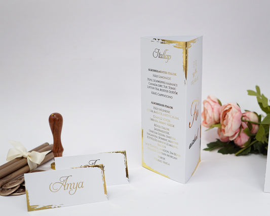 ME19 - Három oldalú esküvői menü - Aranyfóliázott mintával-Menü-Erdélyi Esküvői Meghívók-9192,9193,9218,arany,minimalista-Erdélyi Esküvői Meghívók