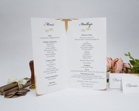 ME40 - Kinyitható Esküvői Menü - Arany levél mintával - 9193-Menü-Erdélyi Esküvői Meghívók-9193,arany,level,minimalista-Erdélyi Esküvői Meghívók