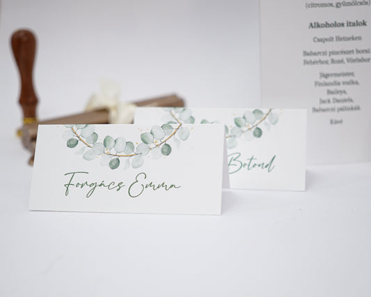 UK35 - Eukaliptusz leveles ültetőkártya-Ültetőkártya-Erdélyi Esküvői Meghívók-arany,greenery,UR35,zöld,ültetőkártya-Erdélyi Esküvői Meghívók