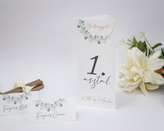 ME35 - Három oldalú esküvői menü - Eukaliptusz levelekkel-Menü-Erdélyi Esküvői Meghívók-greenery,level,UR35,zöld-Erdélyi Esküvői Meghívók