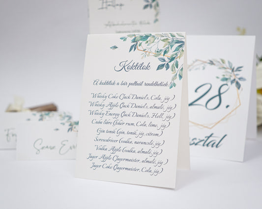 AS23 - Levél és arany keretes asztalszám-Asztalszám-Erdélyi Esküvői Meghívók-asztalszám,em18,greenery,zöld-Erdélyi Esküvői Meghívók