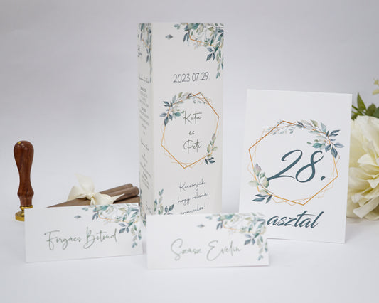 UK23 - Levél és arany keretes ültetőkártya-Ültetőkártya-Erdélyi Esküvői Meghívók-arany,EM18,greenery,zöld,ültetőkártya-Erdélyi Esküvői Meghívók