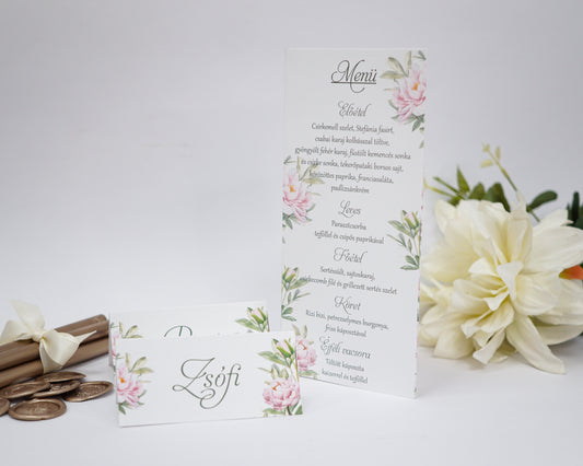 ME36 - Három oldalú esküvői menü - Bazsarózsás-Menü-Erdélyi Esküvői Meghívók-EM46,rózsa,rózsaszín,virág-Erdélyi Esküvői Meghívók