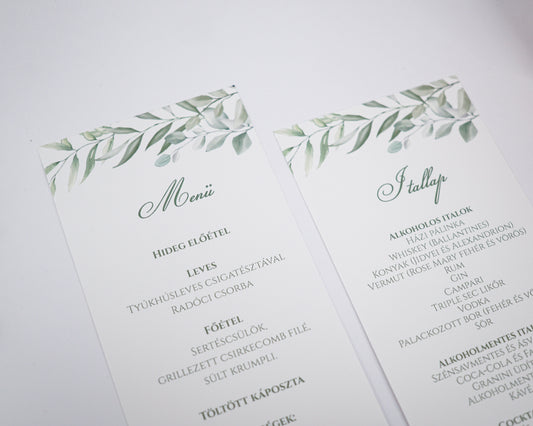 ME34 - Greenery menü és itallap - EM20-Menü-Erdélyi Esküvői Meghívók-em20,greenery,zöld-Erdélyi Esküvői Meghívók