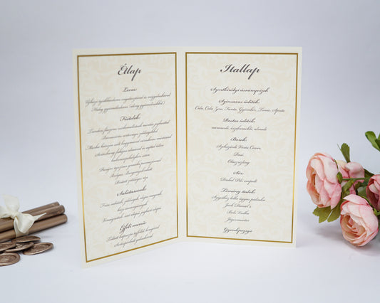 ME31 - Kinyitható Esküvői Menü - Barokk mintával-Menü-Erdélyi Esküvői Meghívók-arany,barokk minta,krém-Erdélyi Esküvői Meghívók
