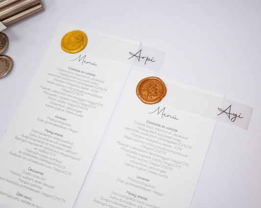 ME24 - Viaszpecsétes menü és ültetőkártya-Menü-Erdélyi Esküvői Meghívók-EM38,minimalista,viaszpecsét-Erdélyi Esküvői Meghívók