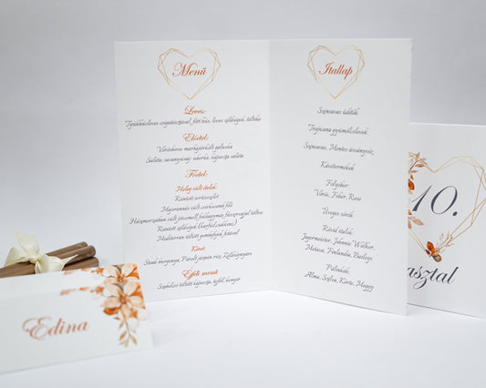 ME39 - Kinyitható Esküvői Menü - Őszies mintával-Menü-Erdélyi Esküvői Meghívók-barna,szív,terrakotta,őszies-Erdélyi Esküvői Meghívók