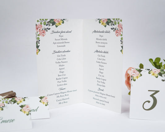 ME02 - Kinyitható Esküvői Menü - Rózsás mintával-Menü-Erdélyi Esküvői Meghívók-rózsa,rózsaszín,UR02-Erdélyi Esküvői Meghívók