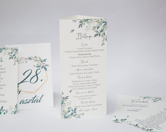 ME23-2 - Három oldalú esküvői menü levélmintával