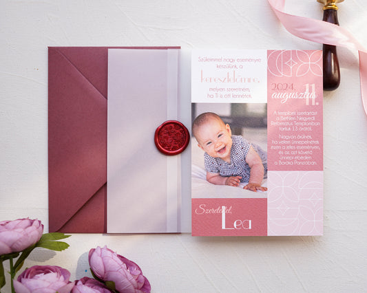 KE03 - Pausz borítós és viaszpecsétes keresztelő meghívó-Keresztelő-Erdélyi Esküvői Meghívók-egyedi,pausz,piros,rózsa,rózsaszín,viaszpecsét-Erdélyi Esküvői Meghívók