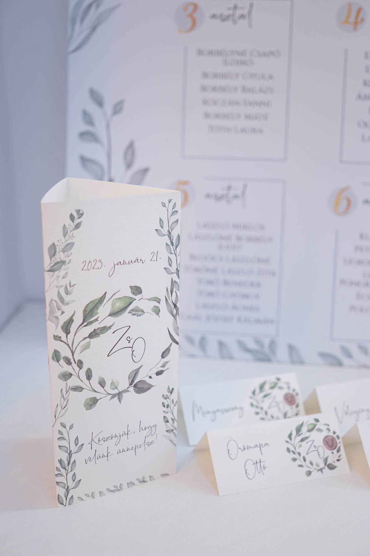 ME05 - Három oldalú esküvői menü - Greenery mintával-Menü-Erdélyi Esküvői Meghívók-pink,rozsa,rózsaszín-Erdélyi Esküvői Meghívók