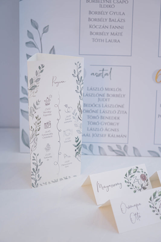 ME05 - Három oldalú esküvői menü - Greenery mintával-Menü-Erdélyi Esküvői Meghívók-pink,rozsa,rózsaszín-Erdélyi Esküvői Meghívók