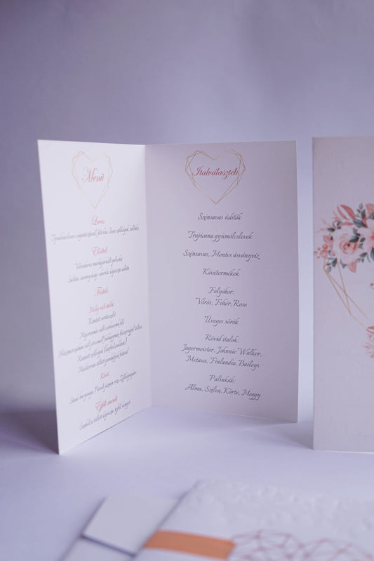 ME10 - Kinyitható Esküvői Menü - Geometrikus szív mintával-Menü-Erdélyi Esküvői Meghívók-arany,kék,rózsa,rózsaszín,virág-Erdélyi Esküvői Meghívók