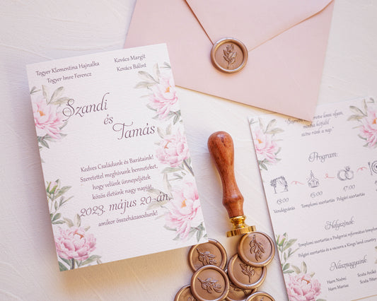 EM46 - Két oldalas bazsarózsás esküvői meghívó-esküvői meghívó-Erdélyi Esküvői Meghívók-egyedi,greenery,rózsa,rózsaszín-Erdélyi Esküvői Meghívók