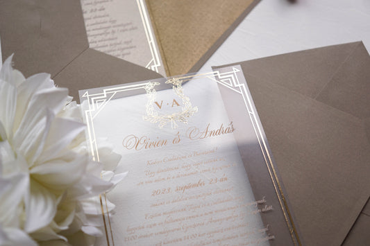1185 - Plexi esküvői meghívó-esküvői meghívó-Erdélyi Esküvői Meghívók-arany,elegáns,geometrikus,plexi,premium-Erdélyi Esküvői Meghívók