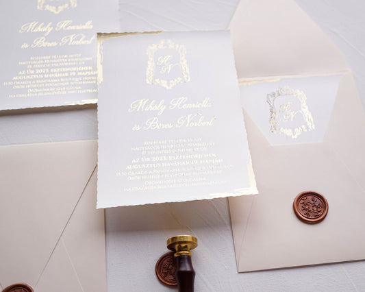 EM43 - Aranyfóliázott esküvői meghívó-esküvői meghívó-Erdélyi Esküvői Meghívók-9193,arany,barokk minta,bézs,egyedi,minimalista-Erdélyi Esküvői Meghívók