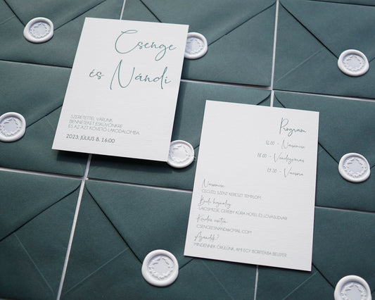 EM38 - zöld - Két oldalas Minimalista esküvői meghívó-esküvői meghívó-Erdélyi Esküvői Meghívók-egyedi,greenery,minimalista,pecsét,zöld-Erdélyi Esküvői Meghívók
