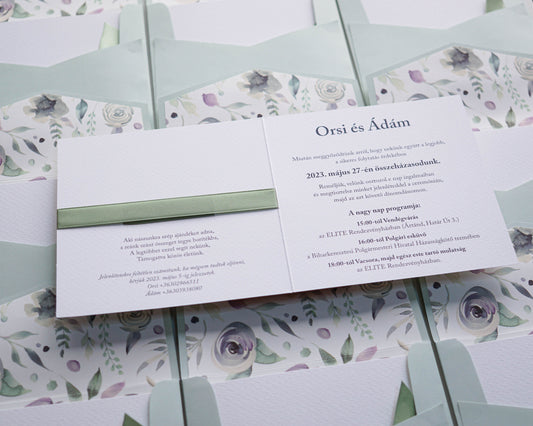 39751 - Greenery Esküvői Meghívó-esküvői meghívó-Erdélyi Esküvői Meghívók-covid,elegáns,ezüst,greenery,masni,premium,virág,zöld-Erdélyi Esküvői Meghívók