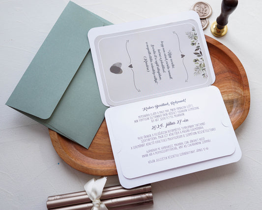39904 - Zöld leveles kinyitható esküvői meghívó-esküvői meghívó-Erdélyi Esküvői Meghívók-arany,greenery,zöld-Erdélyi Esküvői Meghívók