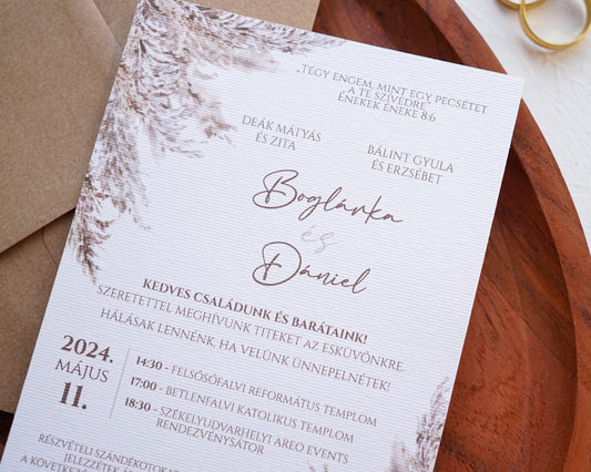 EM60 - Pampafüves egy oldalas esküvői meghívó-esküvői meghívó-Erdélyi Esküvői Meghívók-barna,egyedi,kraft,pampafüves,watercolor,őszies-Erdélyi Esküvői Meghívók