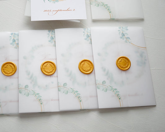 EM56 - Pausz borítós levélkoszorús esküvői meghívó-esküvői meghívó-Erdélyi Esküvői Meghívók-arany,egyedi,greenery,pausz,zöld-Erdélyi Esküvői Meghívók