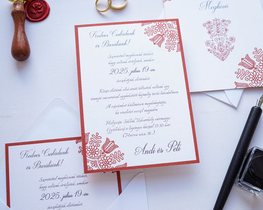 EM68 - Magyar népmesés / hagyományos esküvői meghívó-esküvői meghívó-Erdélyi Esküvői Meghívók-bordó,egyedi,népmesés,piros-Erdélyi Esküvői Meghívók