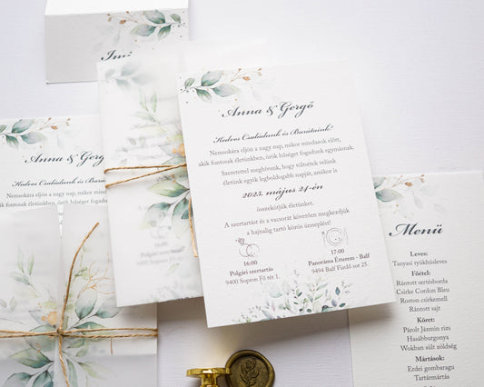 EM67 - Pausz borítós zöldleveles esküvői meghívó-esküvői meghívó-Erdélyi Esküvői Meghívók-egyedi,greenery,pausz,zöld-Erdélyi Esküvői Meghívók