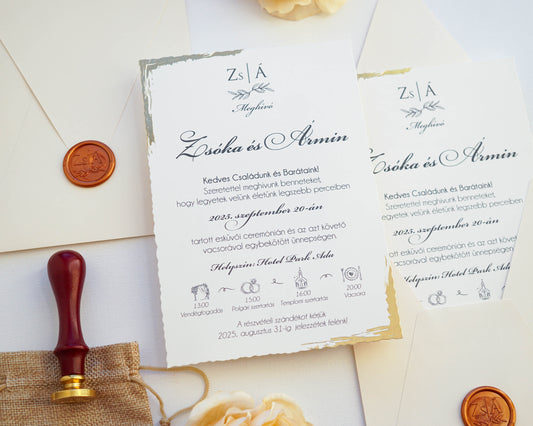 9193 - Elegáns arany szegélyes Esküvői Meghívó krém borítékkal