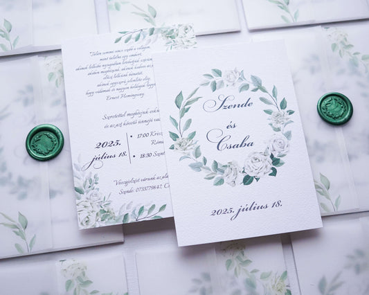 EM69 - Pausz borítós fehér rózsás esküvői meghívó-esküvői meghívó-Erdélyi Esküvői Meghívók-egyedi,greenery,pausz,zöld-Erdélyi Esküvői Meghívók