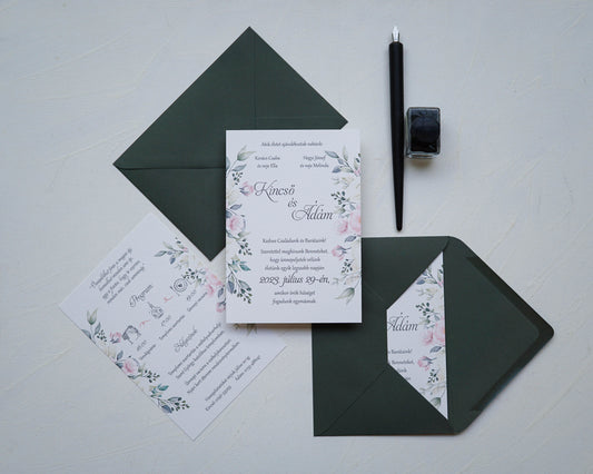 EM54 - Két oldalas virágmintás esküvői meghívó-esküvői meghívó-Erdélyi Esküvői Meghívók-egyedi,em21,minimalista,rózsa,rózsaszín,virág-Erdélyi Esküvői Meghívók