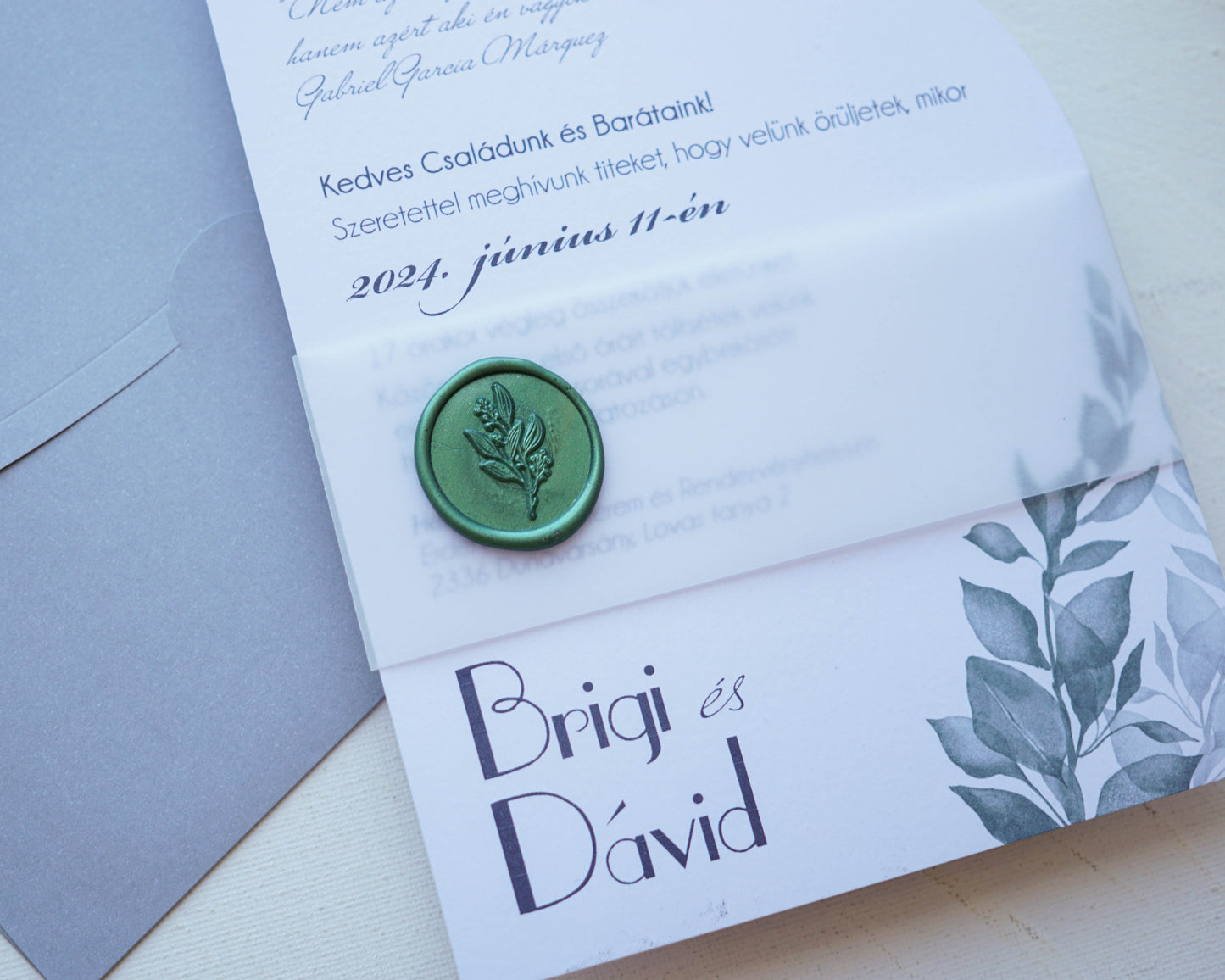 9273 - Greenery Esküvői meghívó-esküvői meghívó-Erdélyi Esküvői Meghívók-greenery,pausz,pecsét,Valami Más!,zöld-Erdélyi Esküvői Meghívók