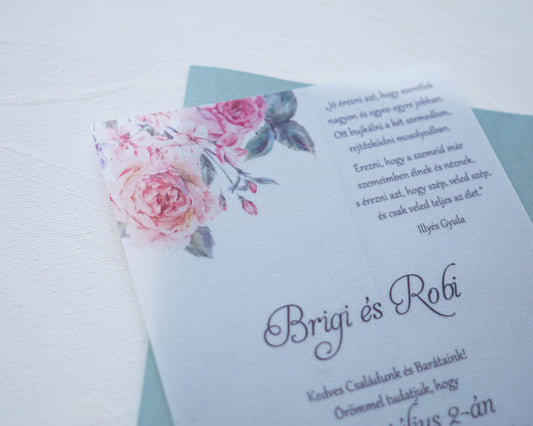 EM53 - Bazsarózsás áttetsző esküvői meghívó-esküvői meghívó-Erdélyi Esküvői Meghívók-egyedi,pausz,rózsa,rózsaszín,virág-Erdélyi Esküvői Meghívók