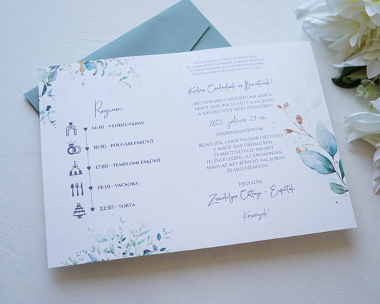 EM55 - Kinyitható greenery és arany mintás esküvői meghívó-esküvői meghívó-Erdélyi Esküvői Meghívók-arany,egyedi,greenery,watercolor,zöld-Erdélyi Esküvői Meghívók