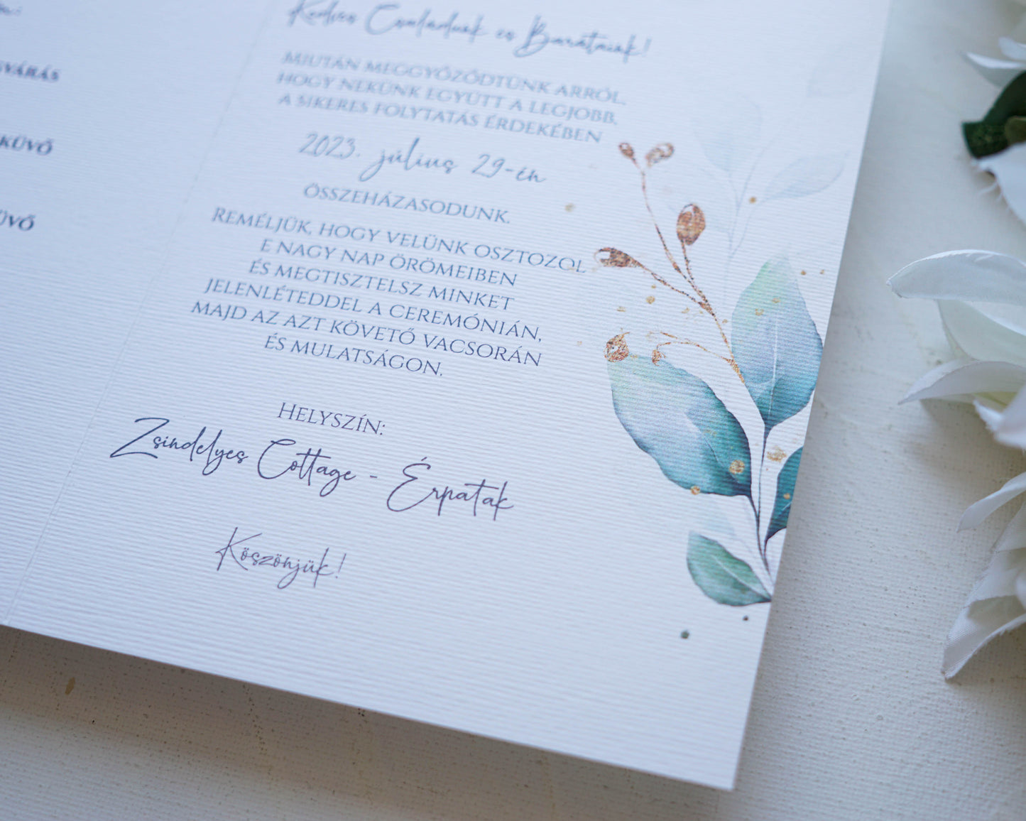EM55 - Kinyitható greenery és arany mintás esküvői meghívó-esküvői meghívó-Erdélyi Esküvői Meghívók-arany,egyedi,greenery,watercolor,zöld-Erdélyi Esküvői Meghívók