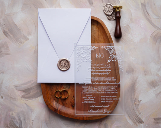 9364 - Plexi esküvői meghívó-esküvői meghívó-Erdélyi Esküvői Meghívók-barokk minta,elegáns,ezüst,fehér,plexi,premium-Erdélyi Esküvői Meghívók