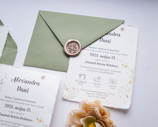 EM71 - Virágmintás esküvői meghívó, merített papírból-esküvői meghívó-Erdélyi Esküvői Meghívók-bézs,egyedi,minimalista,virág,zöld-Erdélyi Esküvői Meghívók